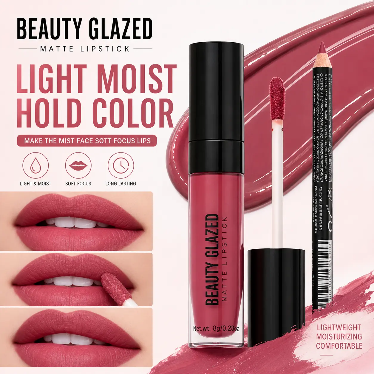 beauty glazed BEAUTYGLAZED 2pcs/Set Velvet Texture Lip Makeup Set-Lip Liner+Lip Glaze-Waterproof Long-Lasting Matte Effect, Red, Brown Colors, Create A Moisturizing And Natural Lip Makeup