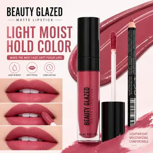beauty glazed BEAUTYGLAZED 2pcs/Set Velvet Texture Lip Makeup Set-Lip Liner+Lip Glaze-Waterproof Long-Lasting Matte Effect, Red, Brown Colors, Create A Moisturizing And Natural Lip Makeup