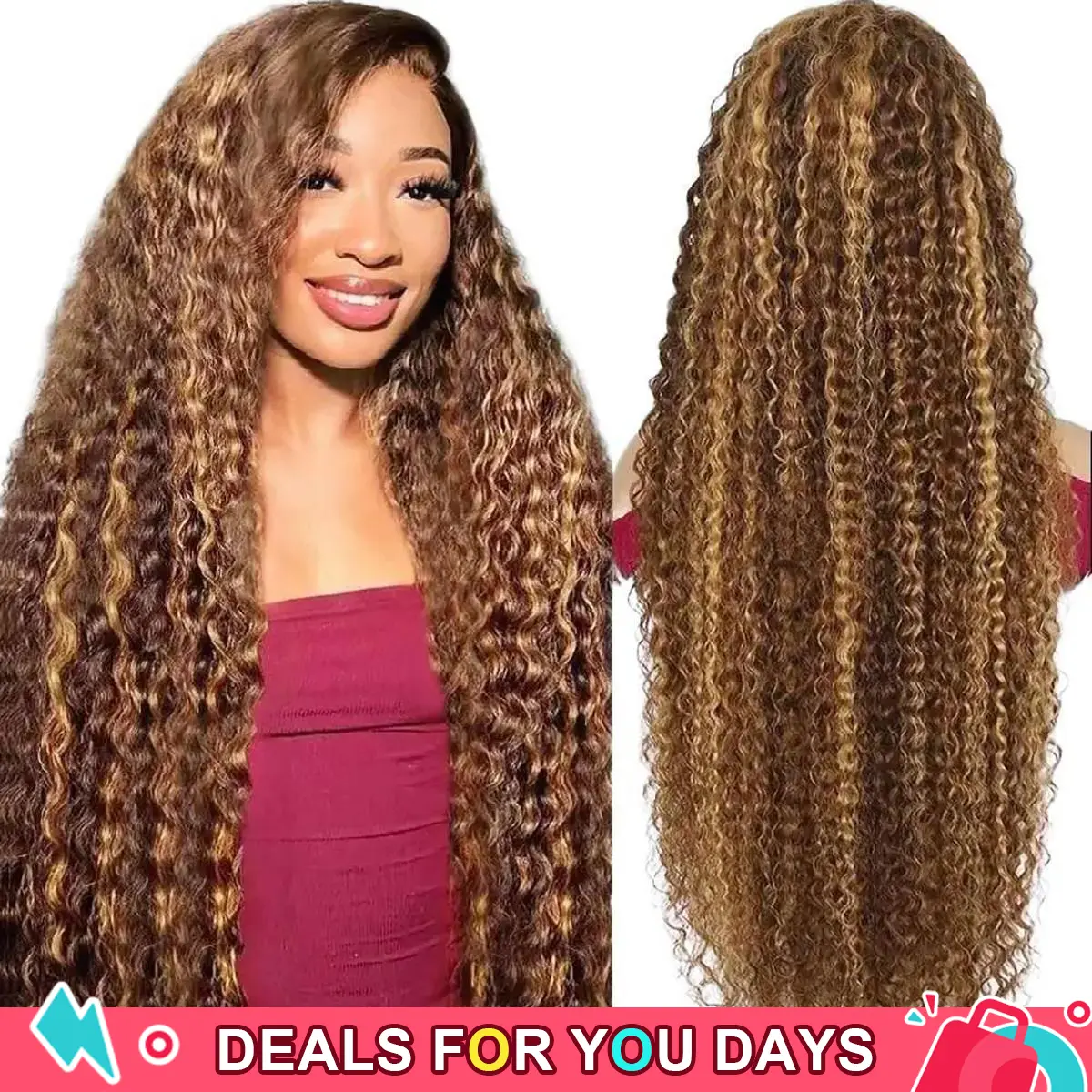 BGMgirl Highlight Brown Kinky Curly Deep Wave 6*4 Wear Go Water Wave 180% Density Kinky Straight Glueless Pre Plucked Pre Cut Lace Closure Human Hair Colored Wig Spring Summer Vacation Style #DealsForYouDays