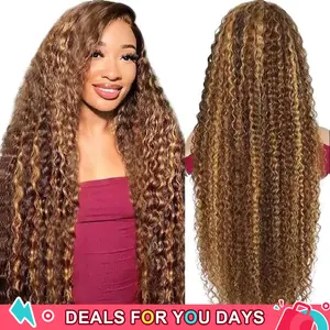BGMgirl Highlight Brown Kinky Curly Deep Wave 6*4 Wear Go Water Wave 180% Density Kinky Straight Glueless Pre Plucked Pre Cut Lace Closure Human Hair Colored Wig Spring Summer Vacation Style #DealsForYouDays