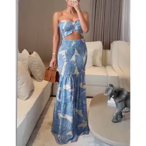 Women's Tropical Print Drawstring Ruched Shirred Frill Trim Bandeau Vacation Dress Cinched Waist Slim Fit Ruffle Hem Mermaid Dress Casual Fabric