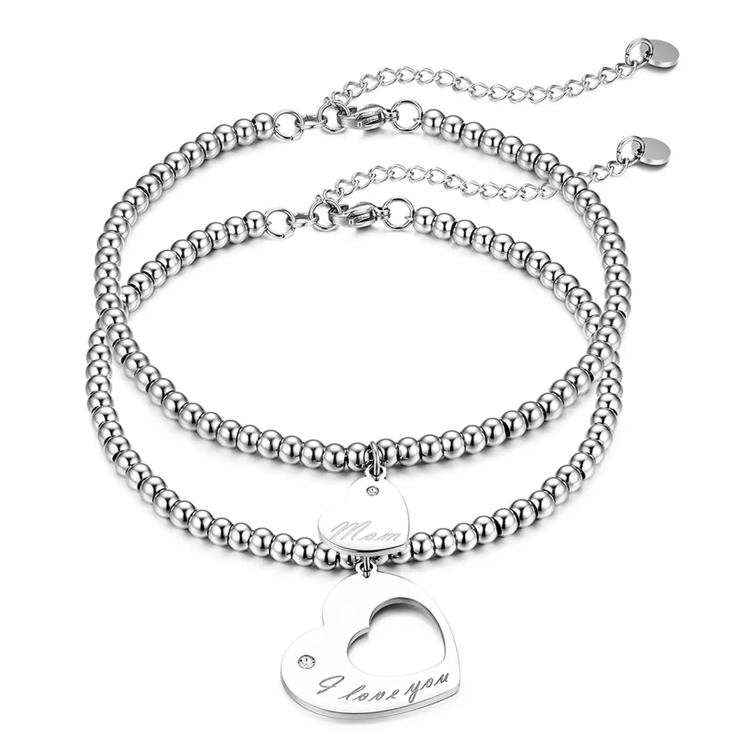 OIDEA Hypoallergenic Stainless Steel Engraved Single Charm Bracelet - "I Love You Mom" Motif, 8.26 in Adjustable Flat Dainty Chain, 1 oz, Specific Dimensions, Daily Wear, Thoughtful Gift for Mom, 8, Mother, Engraved Charm, Hypoallergenic Steel