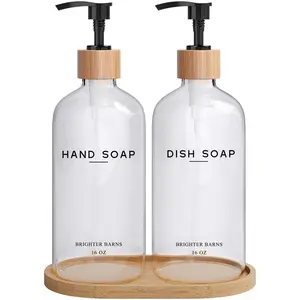 Clear Glass Hand and Dish Soap Dispenser Set by Brighter Barns - Kitchen Soap Dispenser Set with Bamboo Tray - Modern Soap Dispenser for Kitchen Sink - Modern Kitchen Decor, Minimalist Decor (Clear)