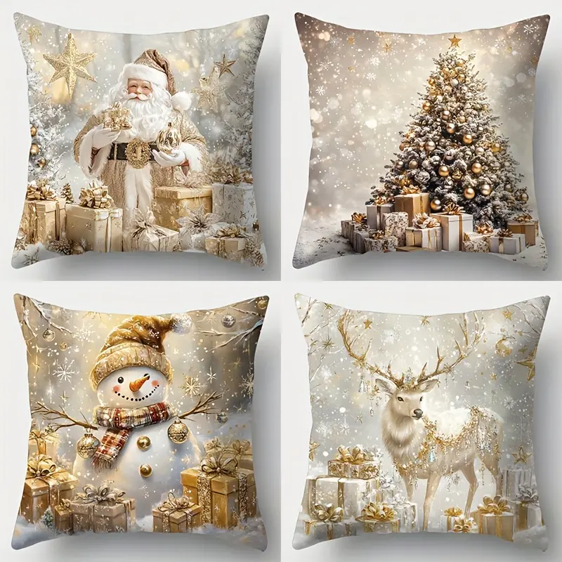 4pcs, Glod Christmas Theme Throw Pillow Covers, Contemporary Style, Christmas Snowman Santa Claus Elk Christmas Tree Decorative Pillowcase, Suitable for Bedroom and Living Room Sofa Decoration, Single Sided Printing, No Pillow Core, Festive
