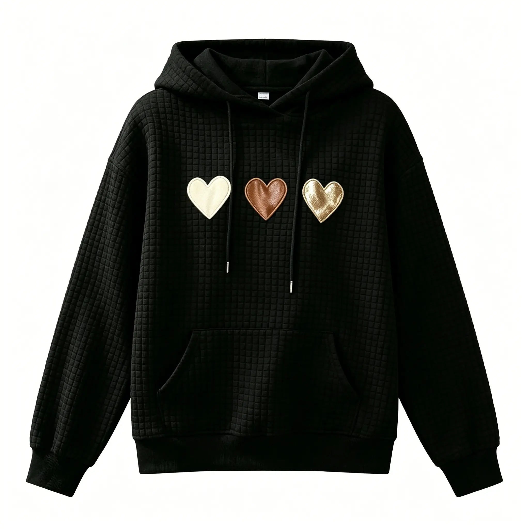 Women's clothing Heart & Patchwork Print Pullover, Casual Wear with Drawstring Hood & Relaxed Fit, Machine Washable, Waffle Fabric Women's Fashion Hoodie,Sweatshirt for Women,Summer Outfits for Women