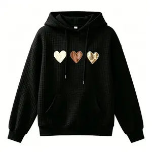 Women's clothing Heart & Patchwork Print Pullover, Casual Wear with Drawstring Hood & Relaxed Fit, Machine Washable, Waffle Fabric Women's Fashion Hoodie,Sweatshirt for Women,Summer Outfits for Women