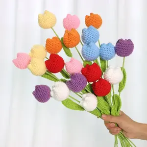 Handmade Crocheted Tulip Bouquet, Handmade Flowers, Eternal Flower, Artificial Flowers, 10-Stem Artificial Mixed Flowers, Nature Ornament for Living Room & Bedroom Home Decor, Easily Wrapped Into a Bouquet As a Gift