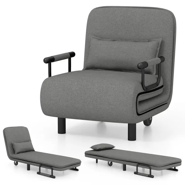 COSTWAY Convertible Chair, Sleeper Chair with 5-Position Adjustable Backrest & Lumbar Pillow, 2 Hidden Metal Legs & 2 Lockable Casters, Comfy Chaise Lounge for Living Room & Home Office