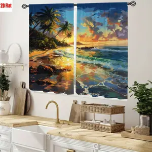 2D Flat 2Pcs Tropical Beach Sunset Scene Curtains, Coastal Landscape Art Decor, Vibrant Ocean Waves and Palm Trees, High Definition Printing, Paradise Island Style, All-Season Drapes for Home Living Room Bedroom Cafe Decoration