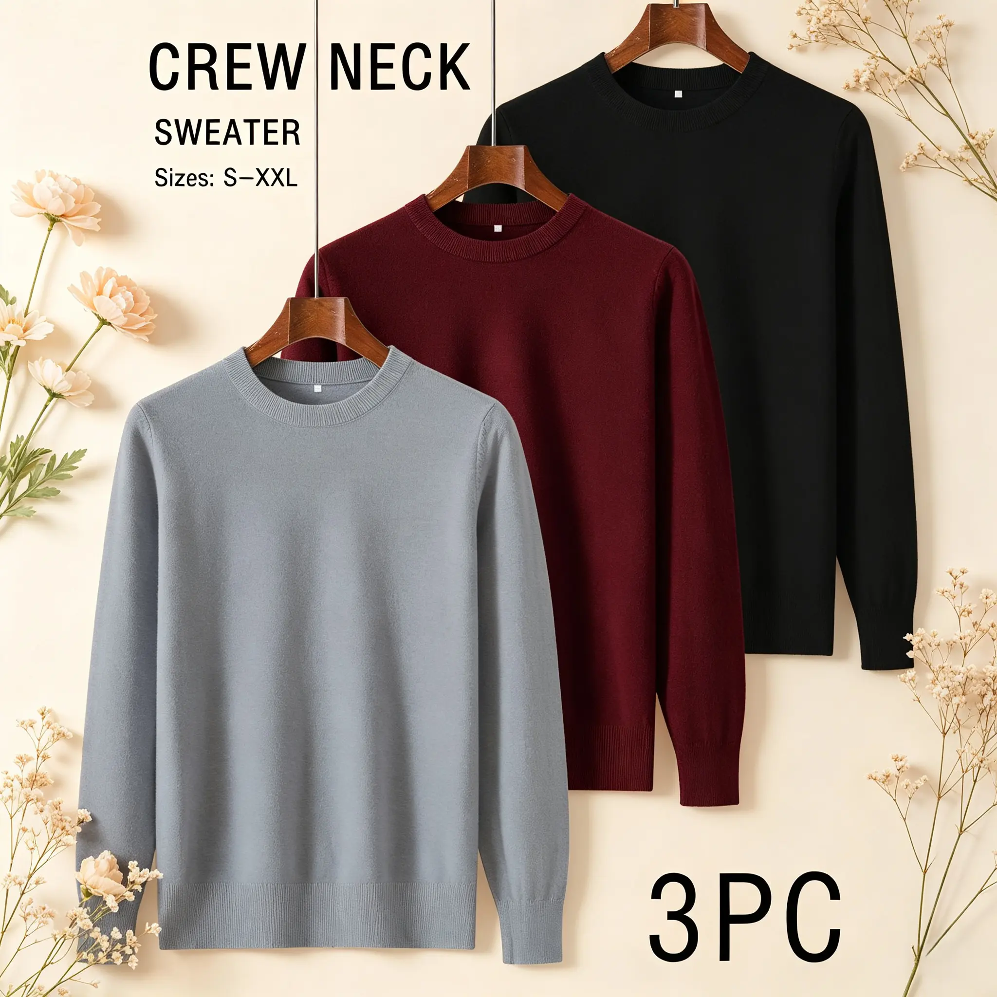Men's 3 Pack Crew Neck Solid Sweater, Long Sleeve Lightweight Pullover, Value Bundle for Office Daily Wear S-XXL