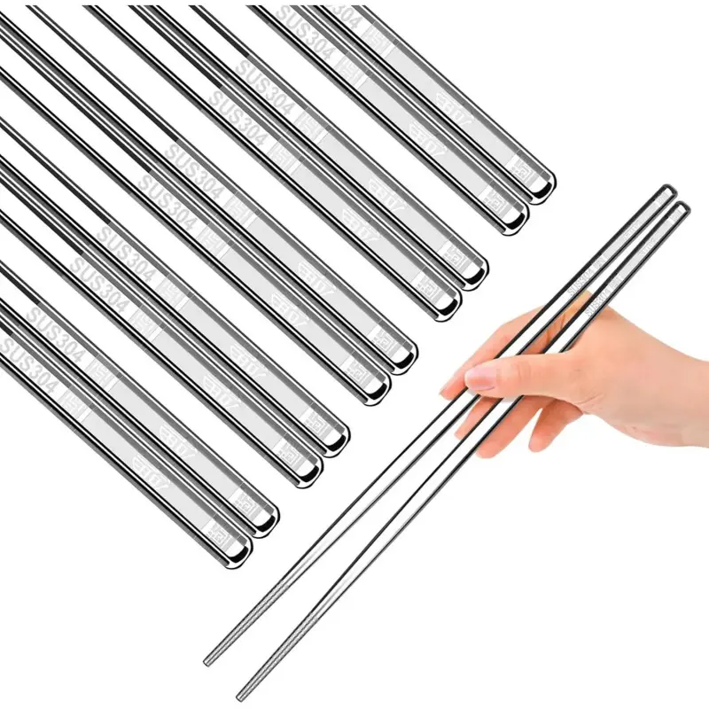 Stainless Steel Chopsticks Set - 8.7in Square, Lightweight, Non-Slip Metal Cutlery, Durable Steel Chopsticks for Eating Noodles, Dishwasher Safe Tableware for Home Kitchen & Hotel Use, Metal Chopsticks