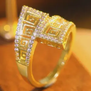 Greek Key Pattern Sparkling Gold Tone Square Ring Full Pavé Cubic Zirconia Statement Jewelry Daily Casual Party Date Night Outfit Promise Anniversary Gift For Him Her Men Women Christmas New Year Valentine