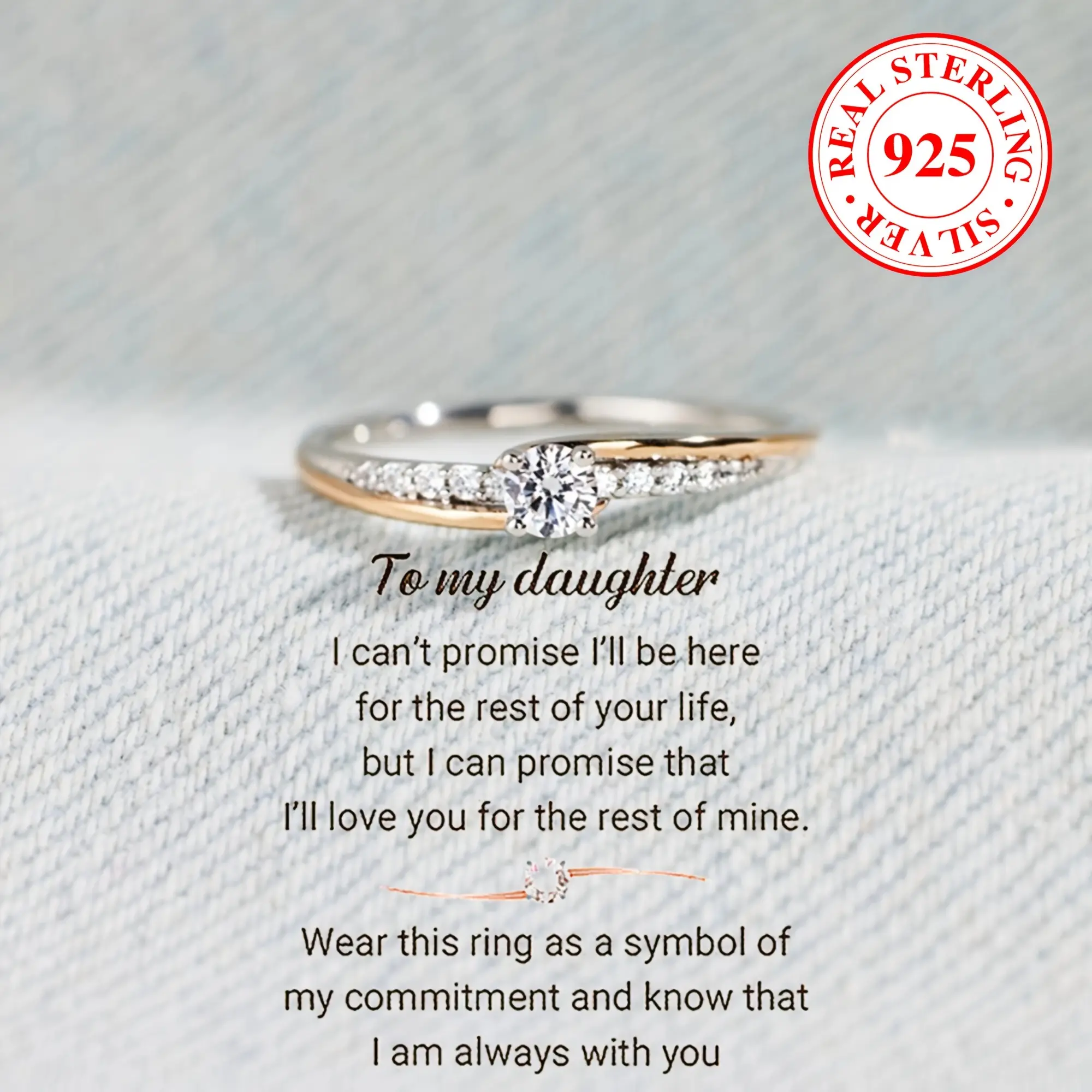 To My Daughter Always With You Round-Cut Zirconia 925 Silver Band Ring Bridesmaid Gift