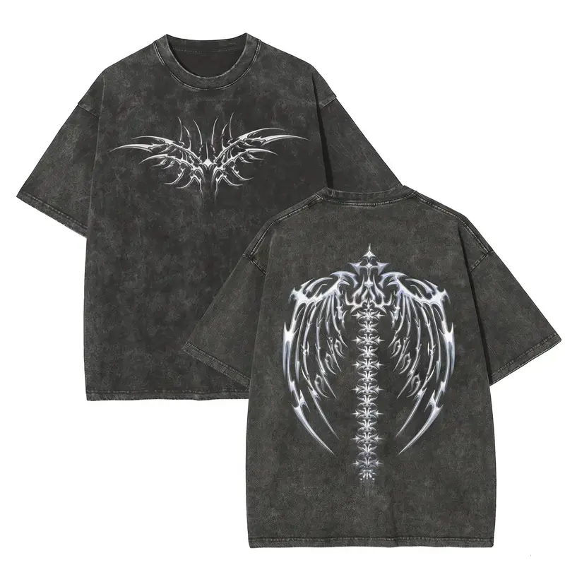 Men's Oversized Cyber Sigilism Chrome Wing Vintage Acid Wash Heavyweight Cotton Short-Sleeve T-Shirt - Double-Sided Tribal Thorn Graphic, Y2K Gothic Grunge Streetwear, Dark Aesthetic Casual Top