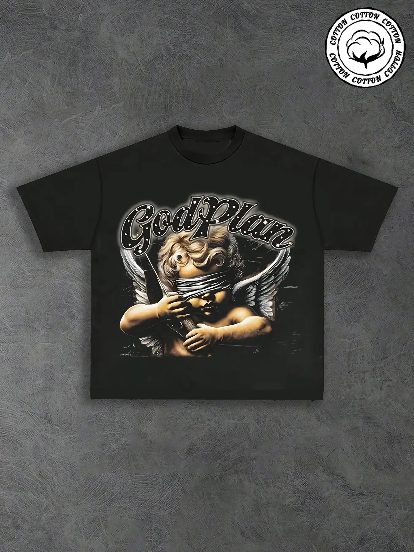 Unisex Trendy Gothic Cupid Pattern T-Shirt, Loose Fit Cotton Casual Top, Short Sleeve Streetwear, Vintage Style