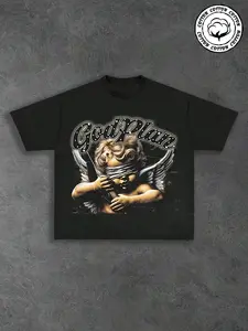 Unisex Trendy Gothic Cupid Pattern T-Shirt, Loose Fit Cotton Casual Top, Short Sleeve Streetwear, Vintage Style