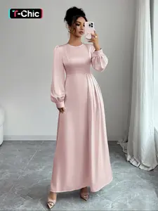 Elegant Chic Feminine Long Sleeve Fitted Dress with Waist Design, Plain Round Neck Maxi Dress for Women, Perfect for Formal and Casual Occasions