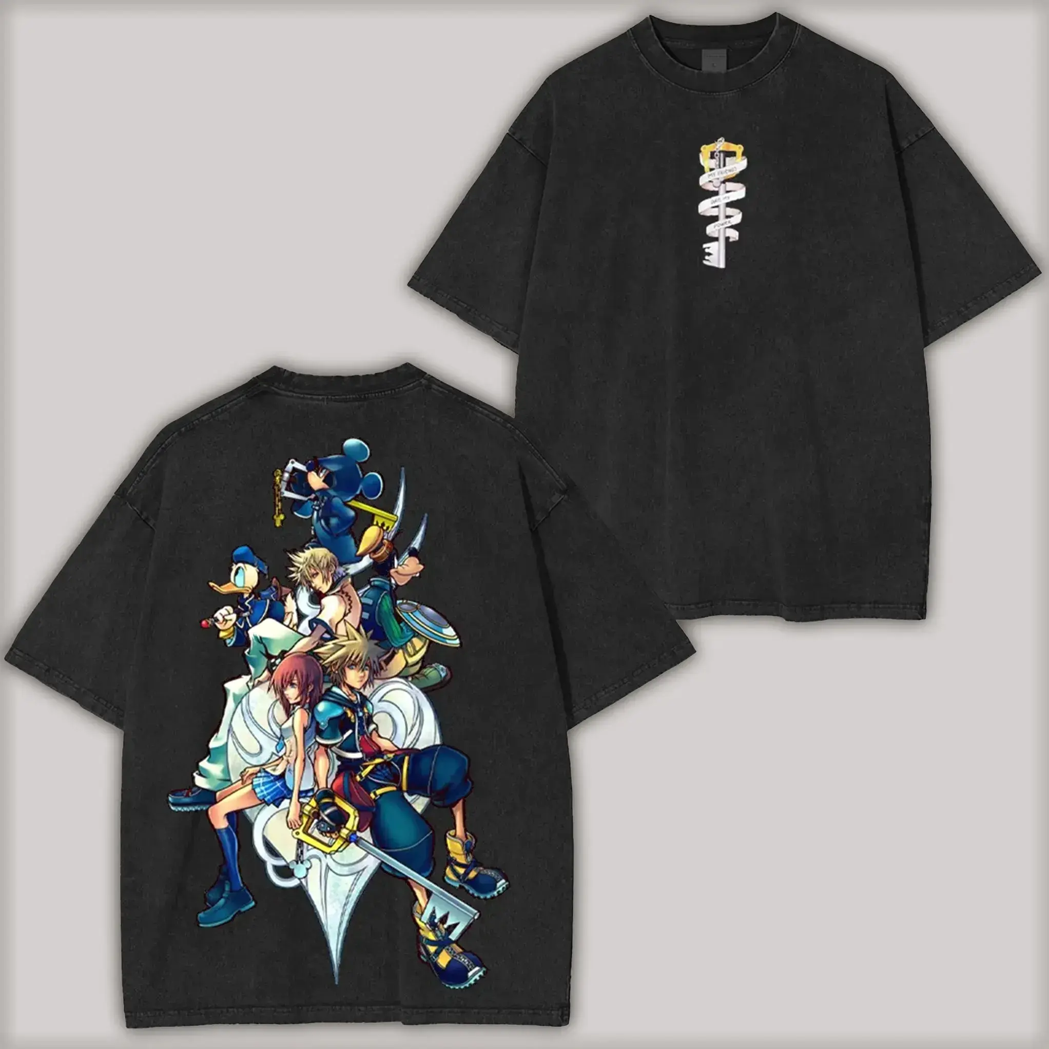 Vintage Acid Washed Black Oversized Streetwear T-Shirt with Key Hero Team Print, Colorful Anime Group Design & Keyblade Chest Logo, Nostalgic Grunge Aesthetic 100% Cotton Unisex Tee