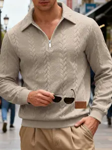 Men's 1/4 Zip Knitted Polo Sweatshirt, Long Sleeve Casual Warm Textured Pullover, Loose-Fitting Spring & Fall Sweater Knitwear, Solid Pattern