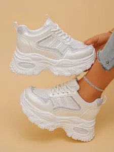 Women's Heeled Thick Sole Height Increasing Shoes, Preppy College Style Casual Sneakers, Platform Sneakers, New Spring Autumn Versatile Laced Sports Shoes, Lace Up Sneakers
