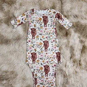 Long sleeves highland cow floral printed infant baby gown baby girls wear