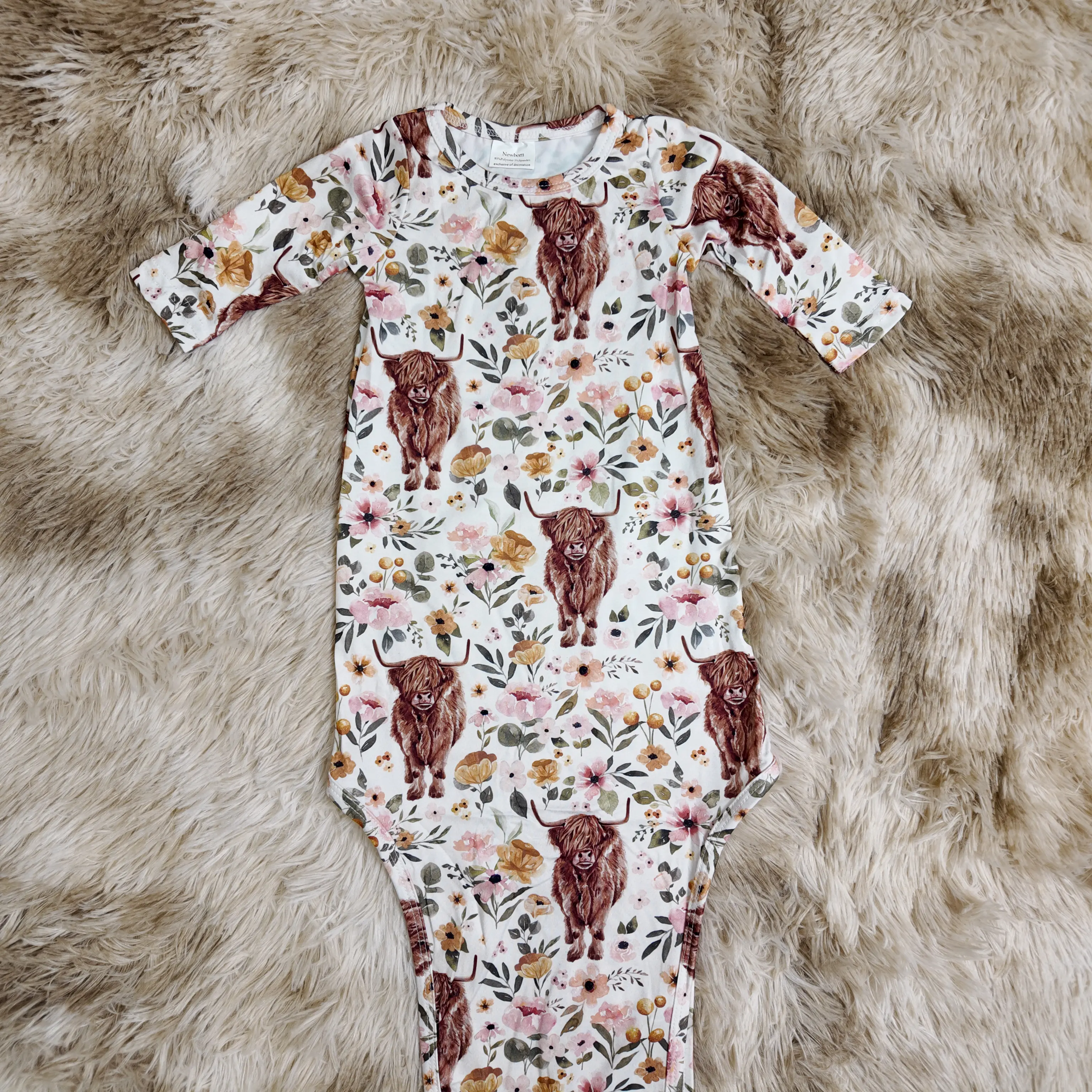 Baby Girls Highland Cow Floral Printed Long-Sleeve Gown - Newborn Outfits, Ideal for Special Events, Baby Clothes Girl, Animals, Crew Neck, Whimsical Look, 0 - 3 Months, Baby Clothing, Cozy Sleeves