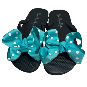 Turquoise Blue Cute Polka Dot Bow Flip Flops for Ladies Sandals, Black Flat Women Summer Shoes
