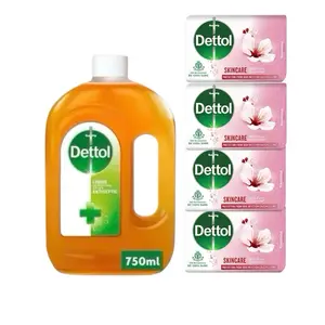 Dettol Liquid 750mL & 4 Bars Soap Skincare 100gs Each ( More Options Of Soap To Choose From) Fresh, Skincare, Cool, Re-energize, Lasting Fresh or Original Soap Cleansing