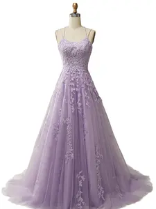 ZAPAKA Gorgeous A Line Spaghetti Strap Long Prom Dress with Appliques Lavender Tulle Embroidered Floral Evening Party Wear