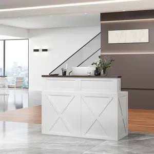 47-Inch Reception Desk with Counter, Modern Front Desk Reception Room Table, Unique Barn Door Home Design Office Receptions Desks Retail Counter for Checkout, Lobby, Beauty Salon, White