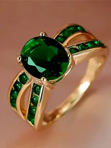 A geometric design women's ring with synthetic green crystal zircon and fashionable retro gold. Suitable for wearing during festivals, all four seasons, and daily occasions. Artificial Zircon Ring