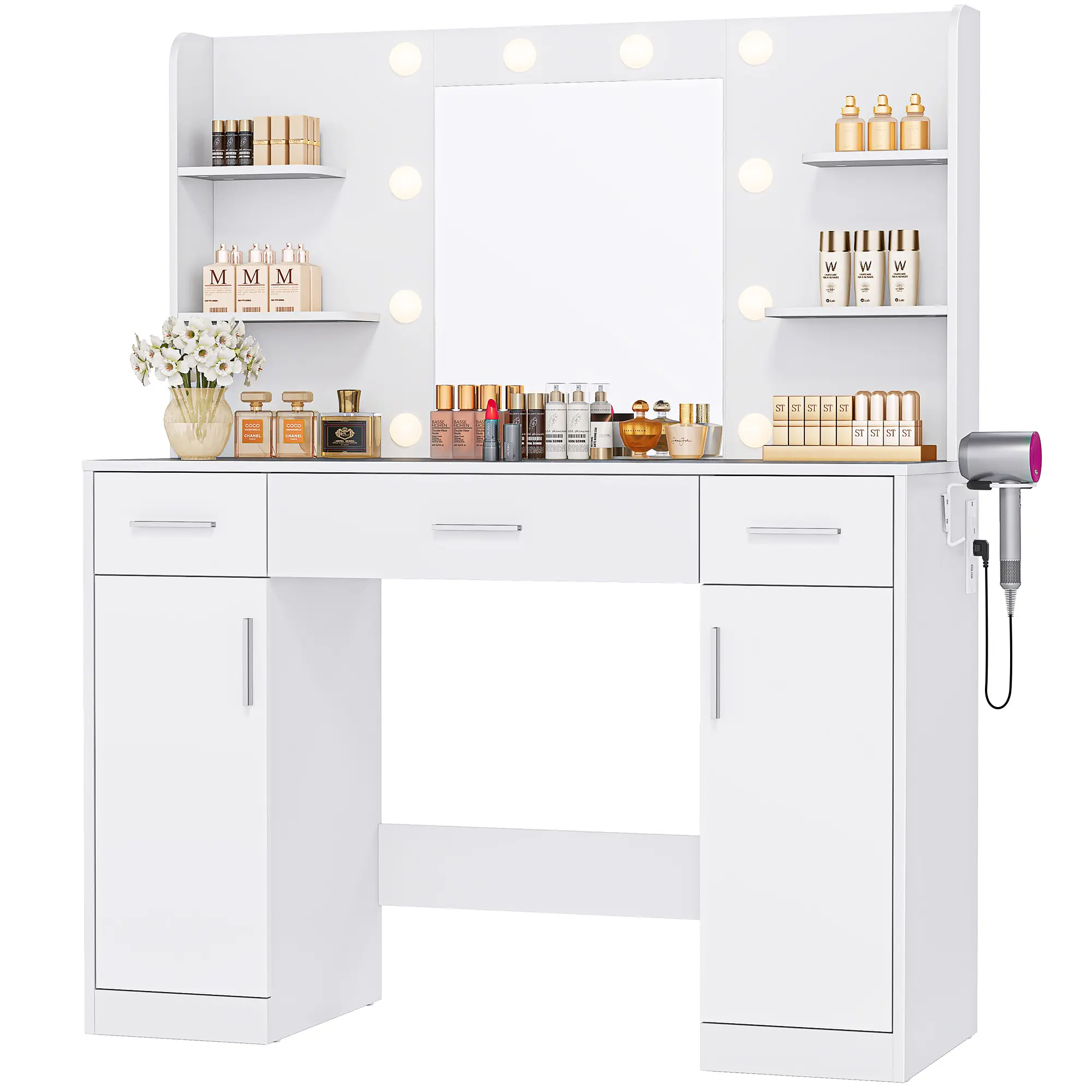 Makeup Vanity Desk, Furniture-Style Built-In Charging Dressing Table with Lighted Mirror, Power Outlet, 3 Drawers, 4 Shelves, Cabinet & Hair Dryer Holder for Bedroom Girls