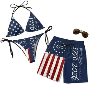 Fireball American Flag Couple Swimwear – Matching Bikini & Men’s Swim Shorts, Patriotic His & Hers 4th of July Beach Vacation Swimsuits