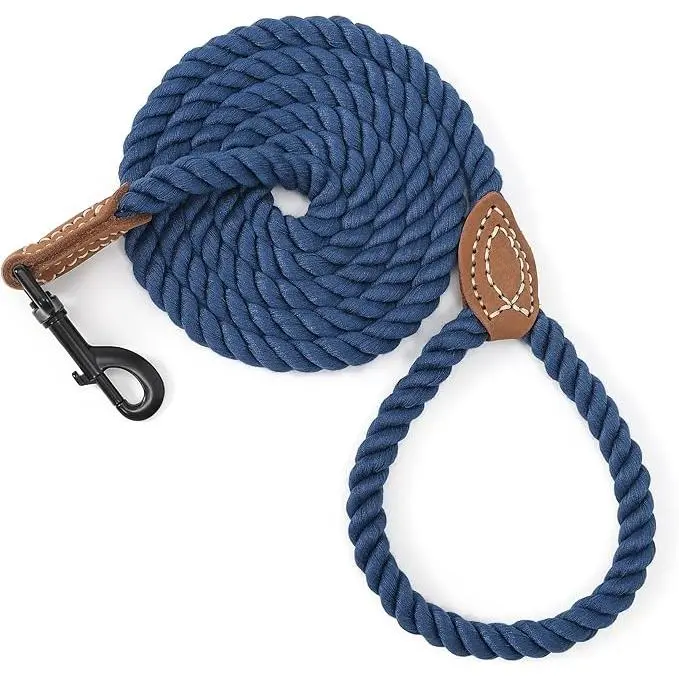 Heavy Duty Braided Cotton Dog Leash with Genuine Leather Protector, Quick Release Metal Snap Hook, Soft Hand Loop - All Sizes Sturdy Walking & Training Lead for Small, Medium, Large Dogs