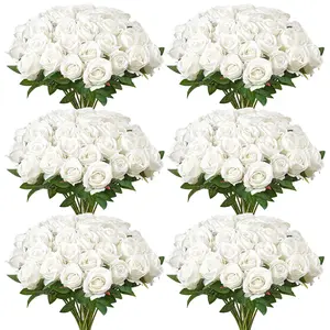 VEVOR Artificial Flowers, 120 pcs Real Looking White Foam Fake Roses Bulk, White Faux Bridal Shower with Stems for DIY Wedding Bouquets, Home Centerpieces Arrangements, Party Tables Decorations