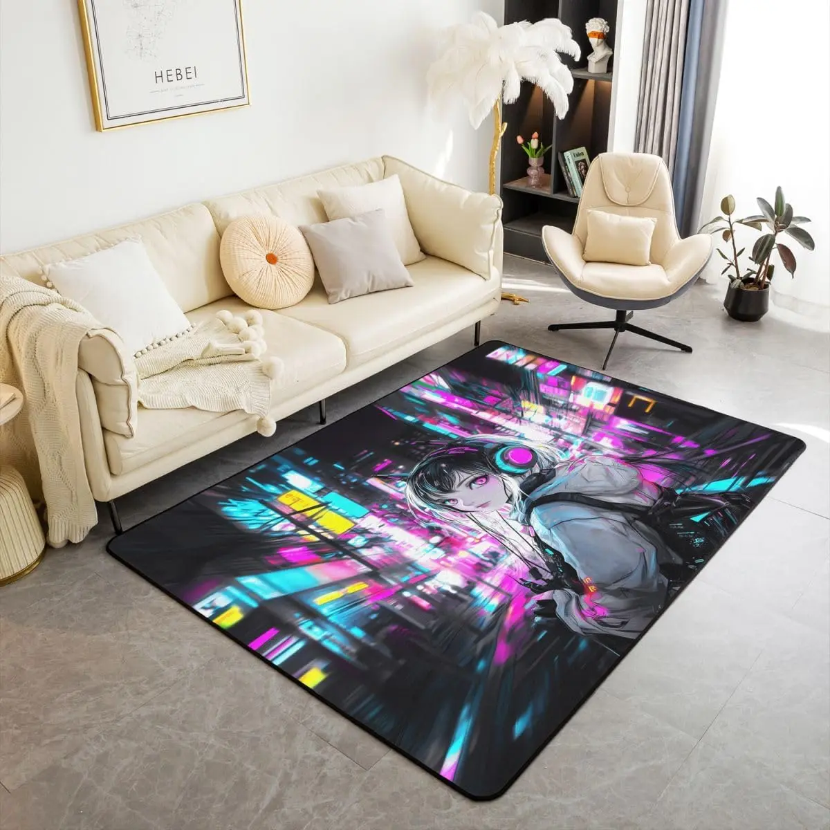 Anime Area Rug 3x5,Japanese Style 3D Anime Carpet,Sci Fi Style Gaming Indoor Floor Mat,Hot Pink Colorful Decorative Washable Rug for Dining Room Under Table