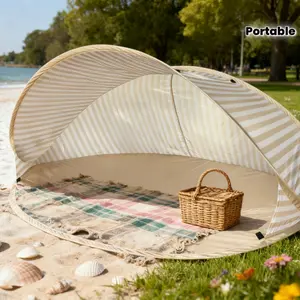 No Assembly Required Instant Pop Up Double Beach Tent 2-Layer Portable Sun Shade Canopy Beige Stripe for Beach Picnic Park Camping Family Leisure All Season