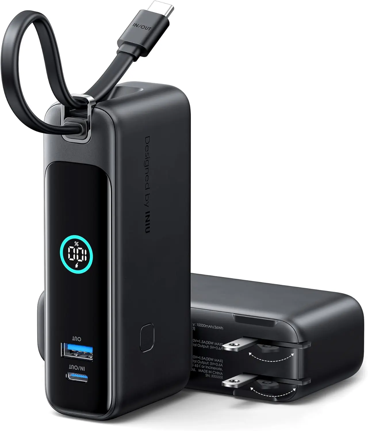 INIU P21 3-in-1 Travel Portable Power Bank, Small 30W PD 10000mAh Tech Gadgets with Built-in USB-C Cable & Foldable AC Plug, Fast-Charging Mobile Accessories for iPhone 17-12, iPad, Samsung S25-S24, Google Pixel C-Type Power Banks Device