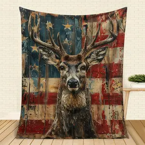 Rustic Deer Head Fleece Blanket - Cozy Fuzzy Plush Comfy Soft Throw with American Flag Design for Sofa Bedroom Dorm Couch Office Car Travel Home