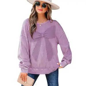 Mineral Wash Big Bow Patchwork Pullover Sweatshirt Full Size Range Available in Size S-4X Both for Plus Size & Regular