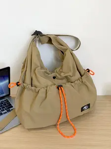 Khaki functional style drawstring shoulder bag, outdoor trendy cool shoulder messenger bag, fashionable contrasting color casual versatile commuter multi-purpose bag, niche design suitable for daily travel, shopping, etc., Casual Messenger Bags