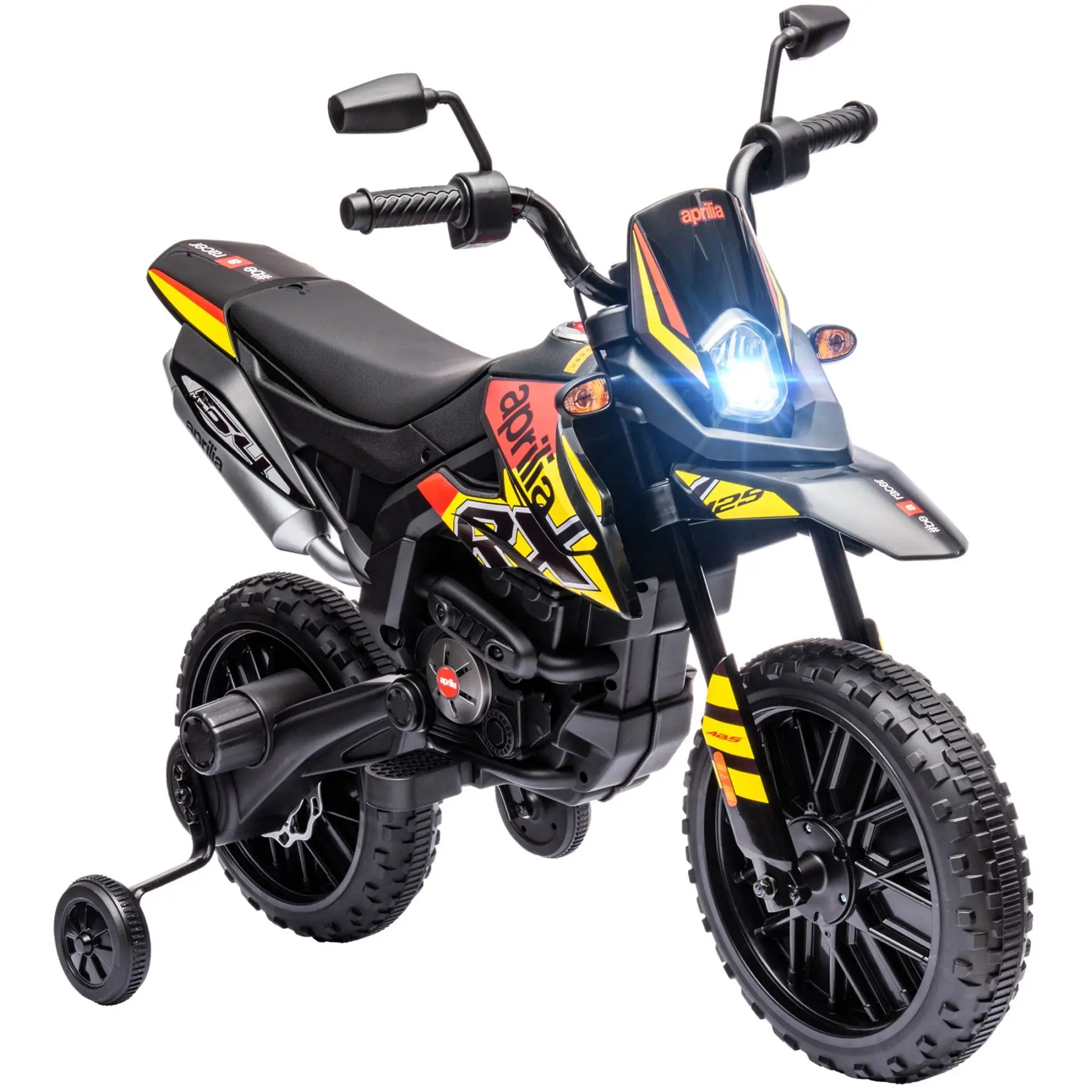 Fun Durable 12V Licensed Aprilia Unisex Kids Electric Dirt Bike Ride-on Toy - Learning Tool with Training Wheels, Spring Suspension, LED Working Headlight, USB, Music, 3.7 mph Top Speed, Yellow