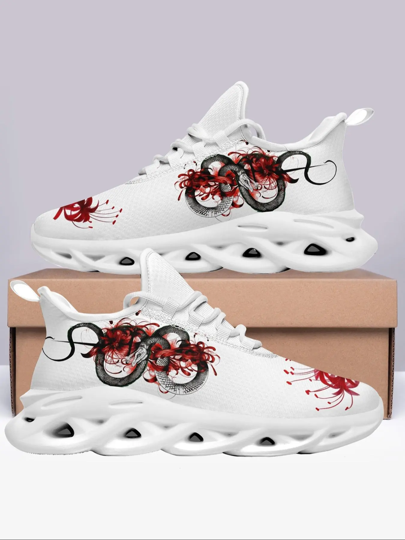 Men's Snake Print Lace Up Sneakers, Casual Comfortable Breathable Sports Running Shoes, Male All-match Round Toe Chunky Sneakers for Daily Wear