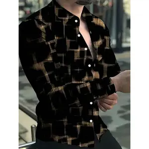 Men’s casual long-sleeve shirt with a random pattern, buttoned collar design, suitable for daily wear in autumn and winter; men’s fashion clothing