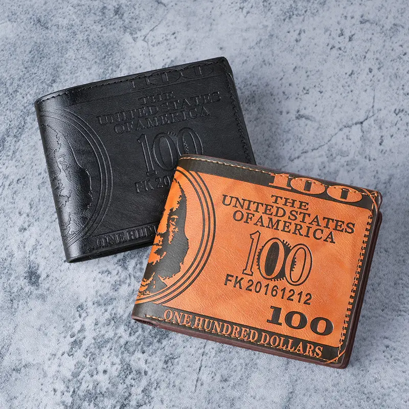 Casual Trendy Men's Wallet, Short PU Leather Bifold with $100 Print Design, Large Capacity Coin Purse and Card Holder, Casual Trendy Wallet, 100 Dollar Print