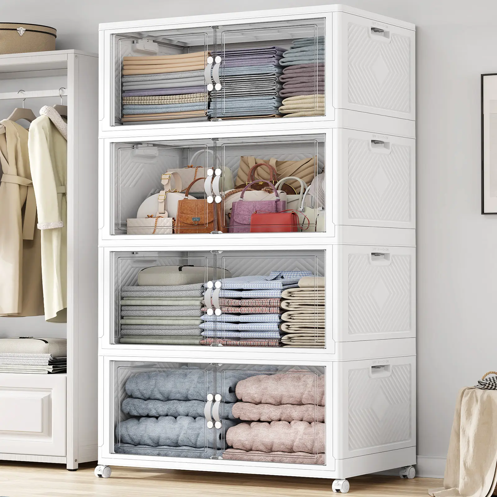 Broview V20 300QT/400QT/640QT Extra Large Stackable Storage Bins, Clear Plastic Closet Organizer Cabinet with Lid and Wheels, Collapsible Latch Boxes Folding Drawer with Door for Home Kitchen Room Organization