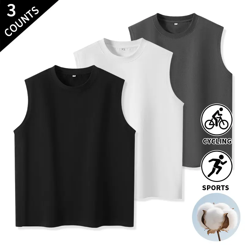 Summer Vibes 3-Pack Men’s 100% Cotton Sleeveless Crew Neck Tank Tops, breathable loose fit basic workout vests for gym, casual summer, and everyday wear