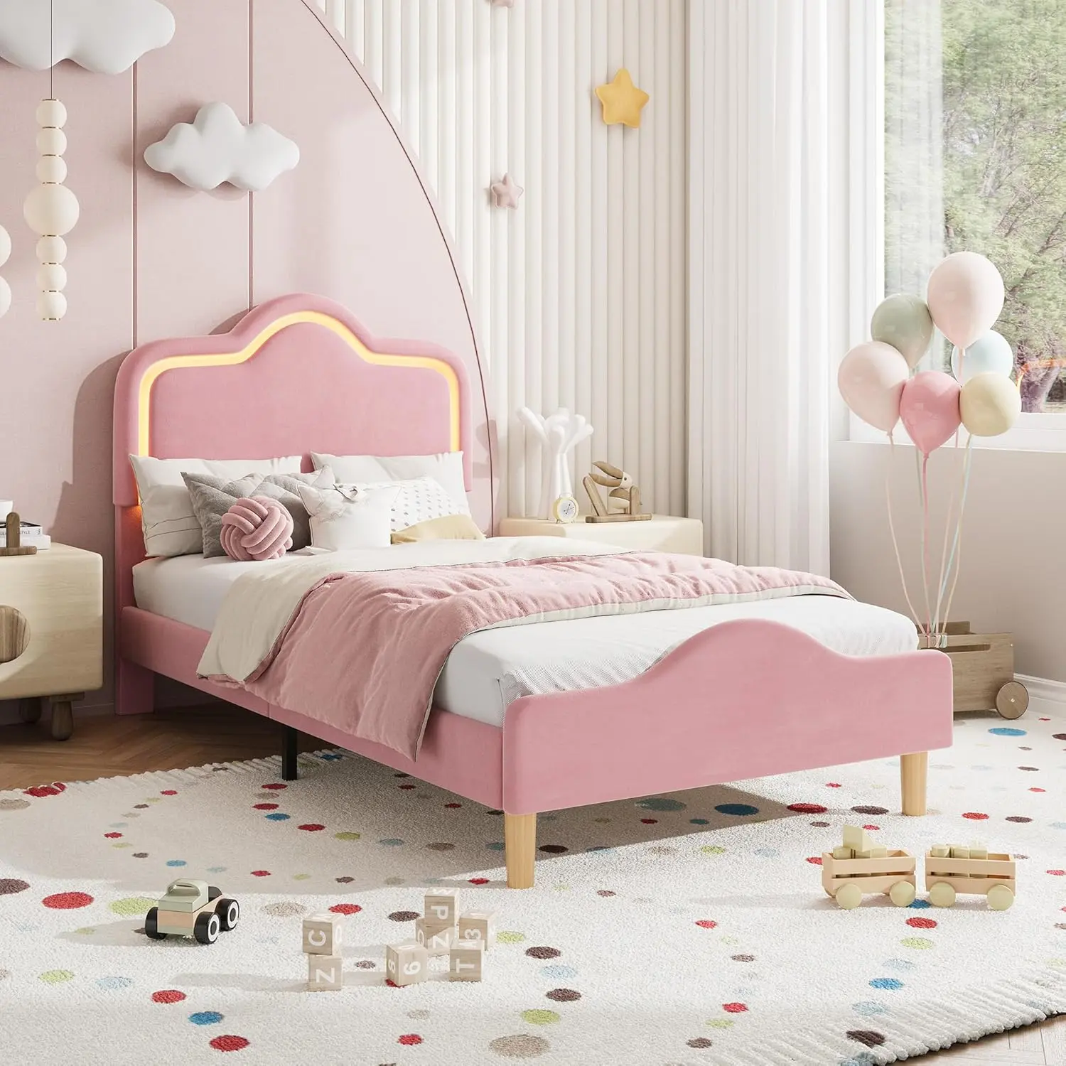 GAOMON Twin Size Upholstered LED Bed Frame with Adjustable Headboard and Footboard, Velvet Princess Platform Bedframe for Kids/Girls, Wooden Slats Support, No Box Spring Needed, Easy Assembly, Pink, Twin Beds, Adjustable Frame Beds