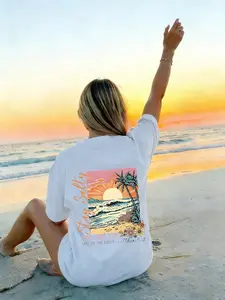 Women's Fitted T-Shirt, Lady, Milk Silk Fabric, Smooth and Comfortable, Breathable Texture, Sunset Coconut Tree Pattern, Casual Fashion, Summer