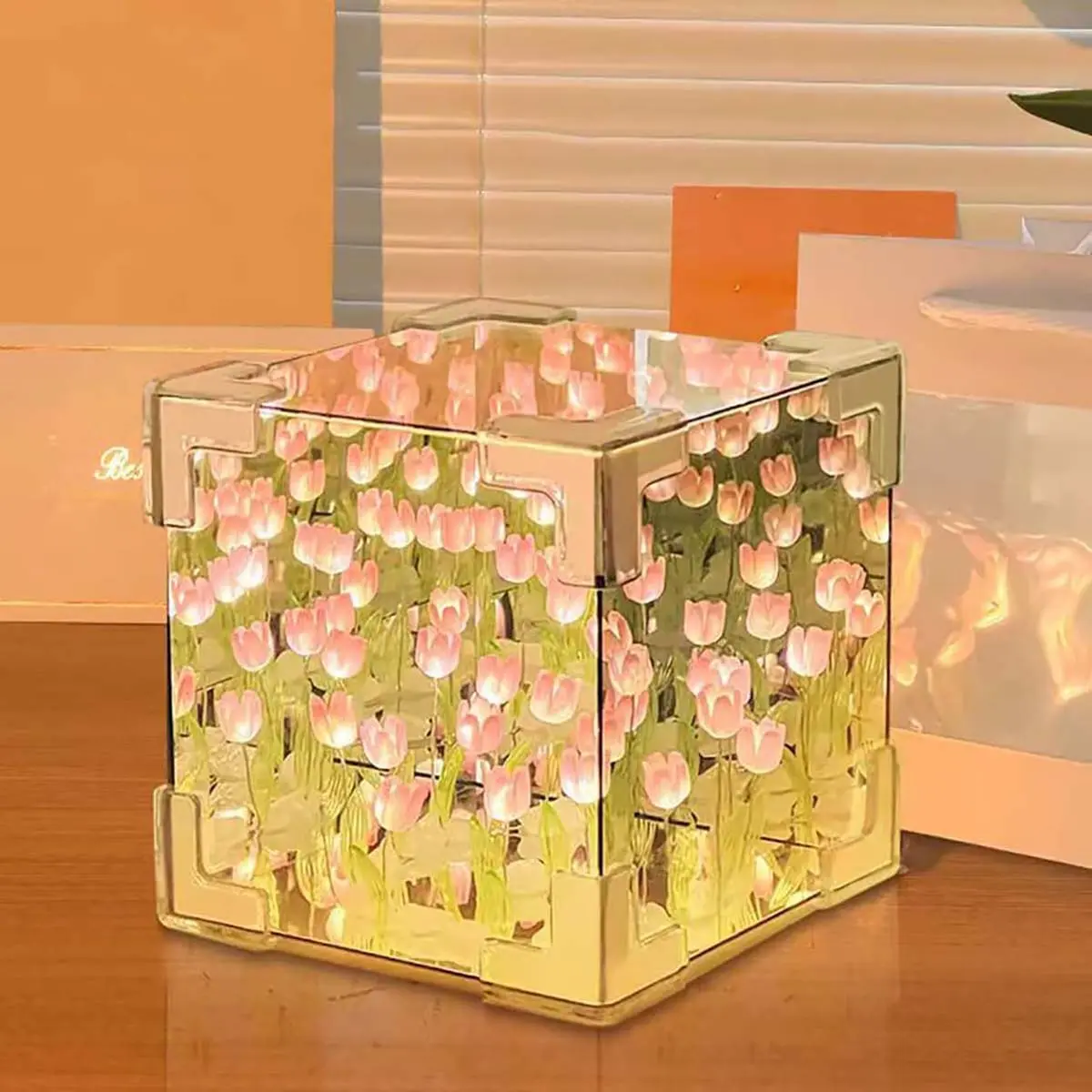 Handmade DIY Plastic Tulip LED Ambient Night Lamp Cube Kit - High-Definition Mirror Mode, Elegant Mood Lighting, Colorful LED Lights, Floral Glow, Home Improvement Decor, Holiday Gift for Christmas, Valentine's Day, Decoration